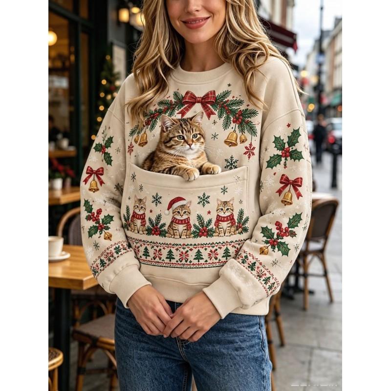 Christmas Cat Pocket Print Sweatshirt Retro Long Sleeve Top Holiday