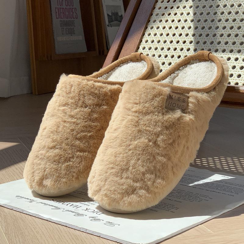 New simple home fluffy slippers autumn and winter couples home imitation rabbit fur piled warm non-slip cotton slippers