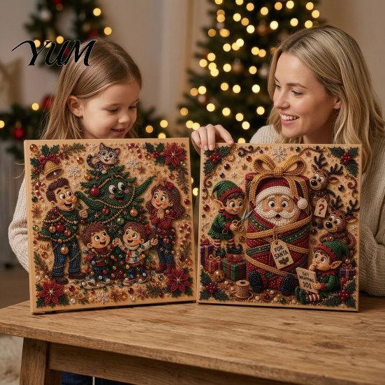 DIY Decorative Wall Ornaments Christmas Faux Pearl Art Kit, Rhinestone Painting 8" X 8", Cartoon Kits for Kids Snowman Animal Diamond Craft
