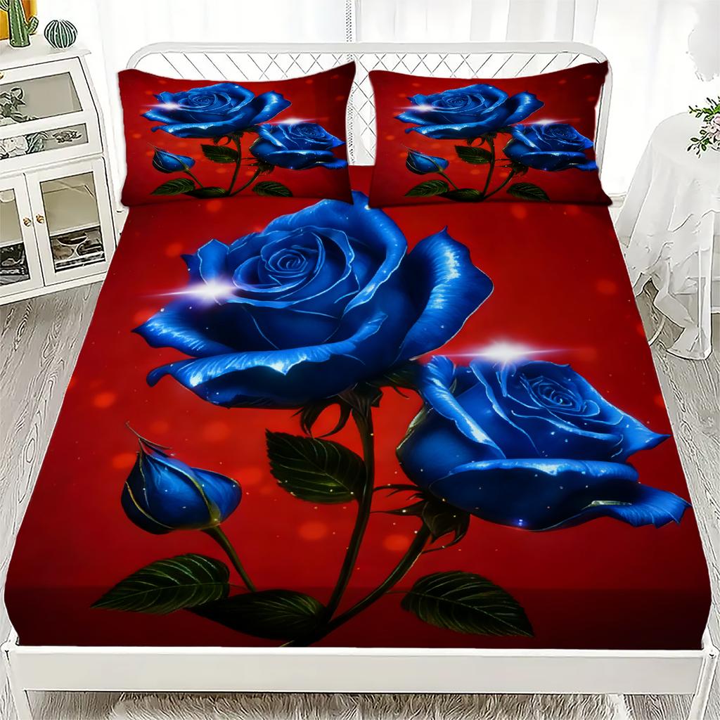 1PC Soft Fitted Sheet, 3D Romantic Floral Roses Print, 100% Polyester Washable Bed Sheet for Girls Adults, Queen Size Room Decor
