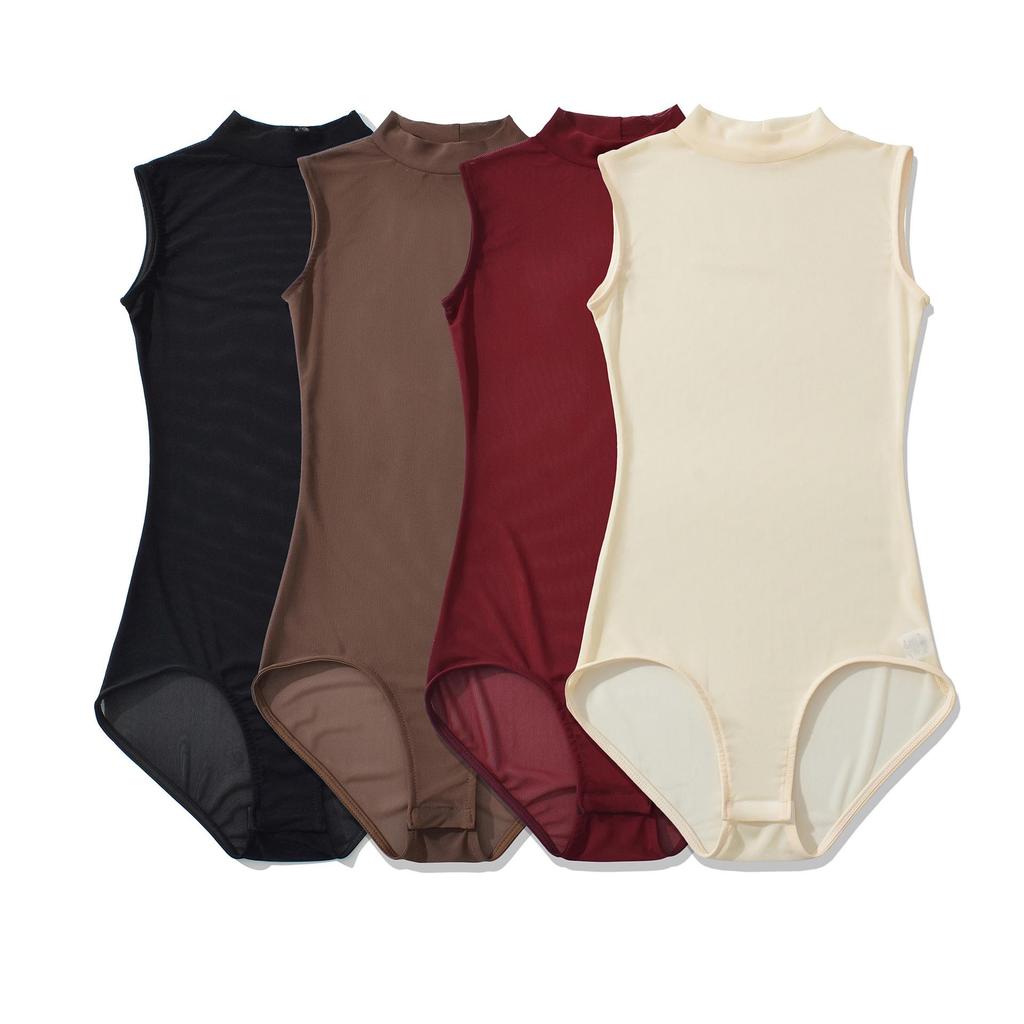 Europäischer & Amerikanischer Stil Netz-Rundhals-Langarm-Bodysuit - Schlankmachend, Sexy, Durchsichtig, Einfarbig Sommer-Layer