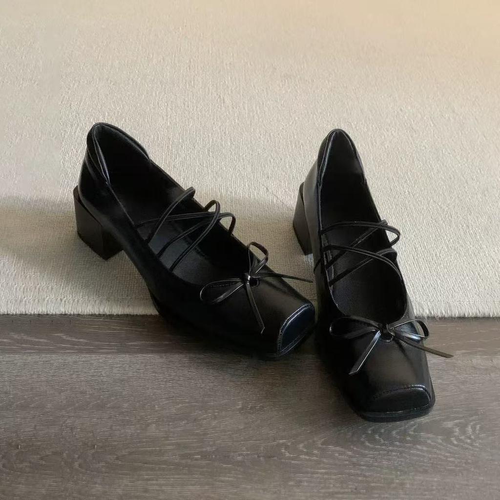 Sheepskin version~ 2025 spring and autumn new single shoes women's thick heel pig nose leather bow thick heel ballet shoes women