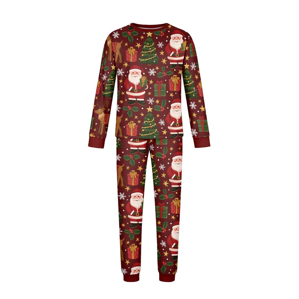 Christmas Printed Family Matching Long Sleeve Neck Loungewear Set for Parents and Kids