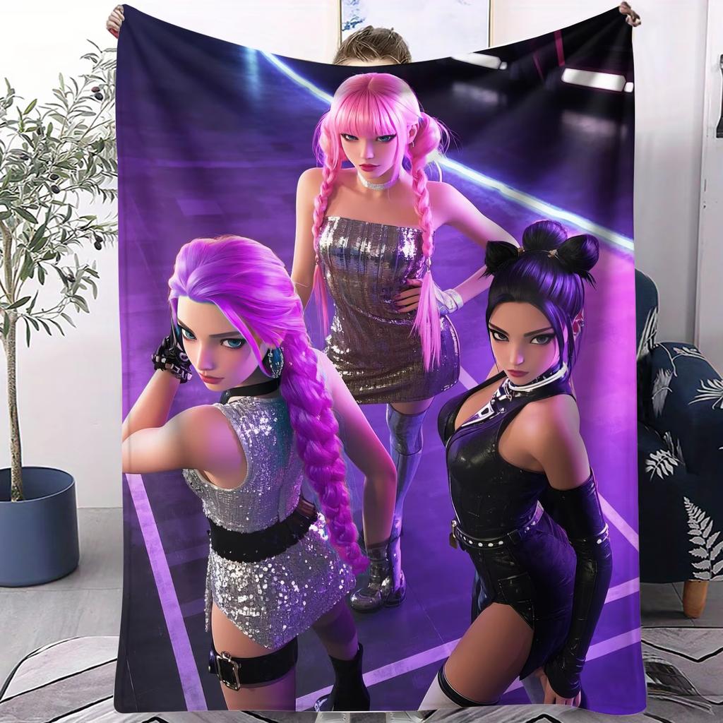 Hot Anime Hot Virtual Girl Group HUNTR/X Print Fleece Throw Blanket Super Soft Warm for Travel Office Home Fans Must-Have Gift