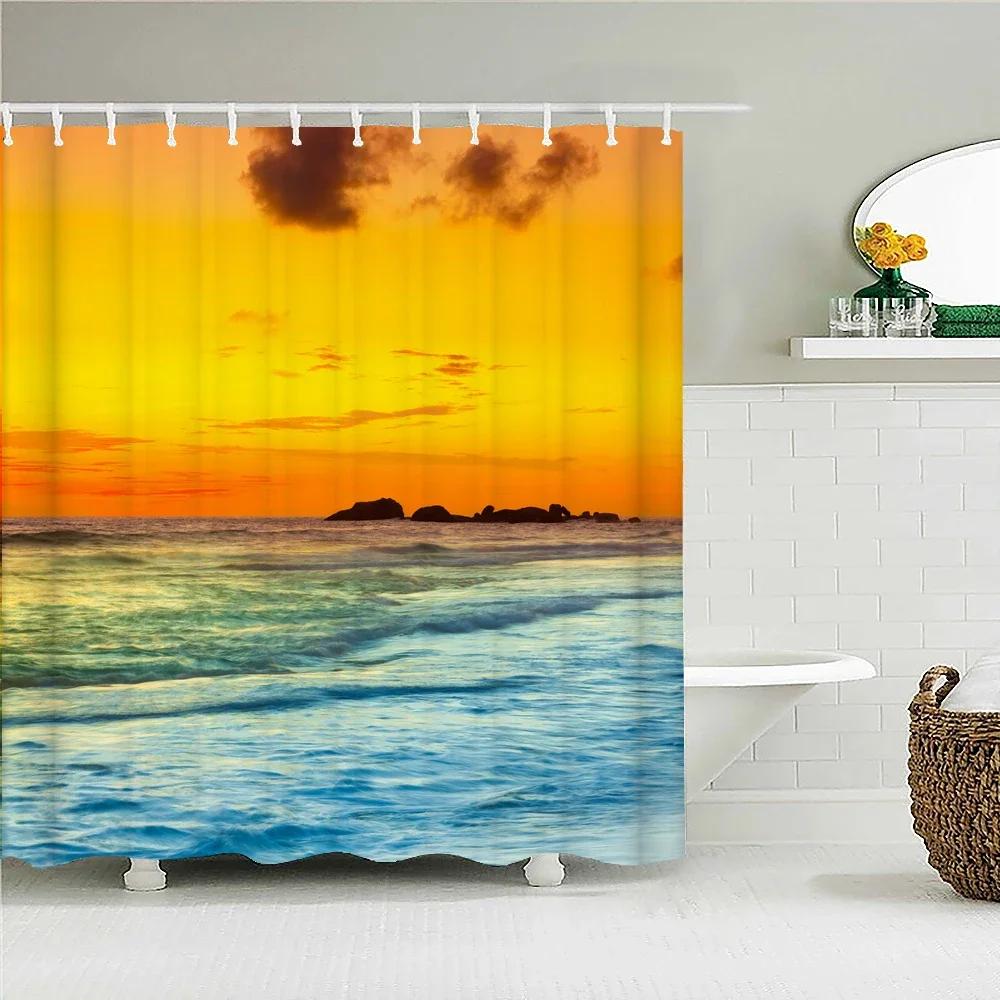 Sunlight Ocean Beach Fabric Shower Curtain Bathroom Curtains Sunset Dusk Sea Animal Dolphin Bath Screen with 12 Hooks 300x180
