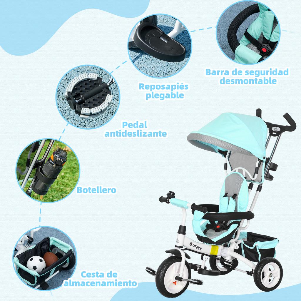Evolutionary Tricycle, 1-5 Years, Foldable Canopy, Telescopic Handle, Safety Belt, Mint Green