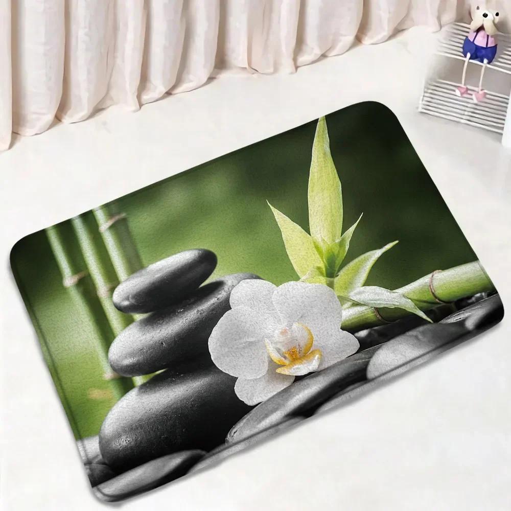 Zen Green Bamboo Bath Mat Set Natural Orchid Flower Black Stone Plant Home Carpet Bathroom Decorative Floor Rug Toilet Lid Cover