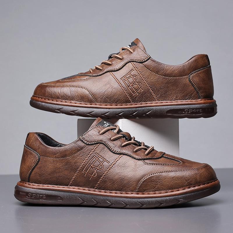 

Spring and autumn men s casual board shoes breathable soft leather handmade men s shoes low-top versatile real shoes 38 коричневый