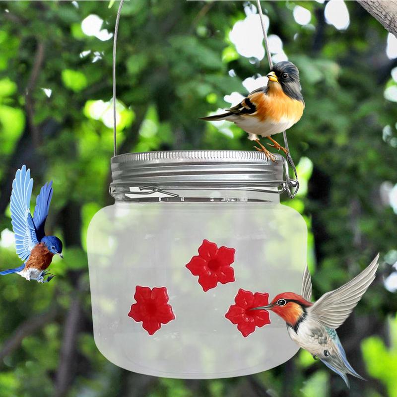 Jar Hummingbird Feeder Wild Bird Feeders Top Fill Humming Bird Feeding Station With 3 Perforated Flower Nozzles Top Fill Design