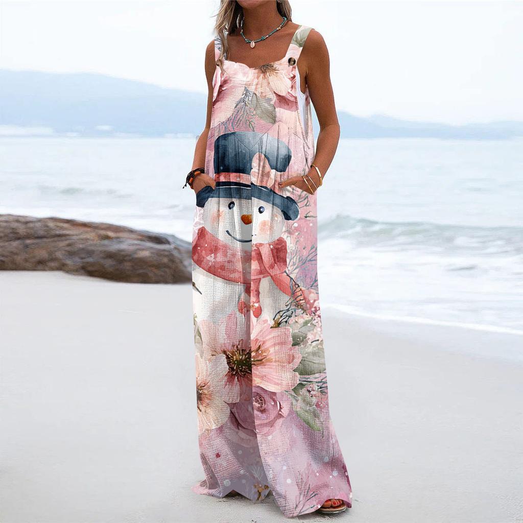 Women's Christmas Print Solid Wide Leg Strapless Tank Pocket Casual Onesie