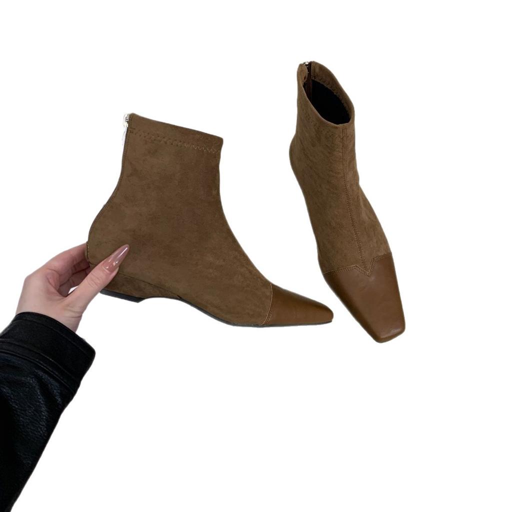 2025 New Square Head Rear Zipper Low Tube Thin Short Slope Heel Low Tube Martin Women's Short Boots