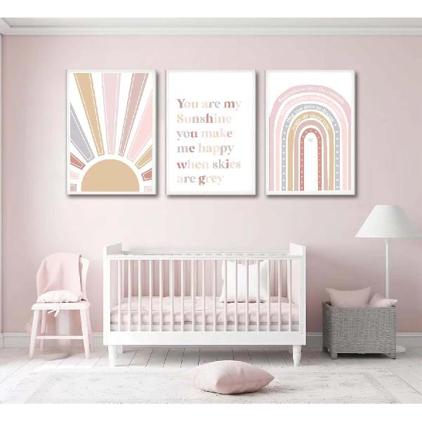 3 Pcs Boho Nursery Canvas Wall Art Pink Sweet Rainbow You Are My Sunshine Painting Pictures Wall Decor Poster Print Artwork For Kids Room Girls