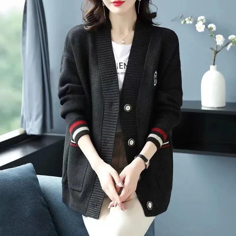 

Осенне-зимний кардиган для женщин, свободный свитер-жакет, для мамы среднего возраста, в западном стиле, верхняя вязаная кофта, толстая L черный серый