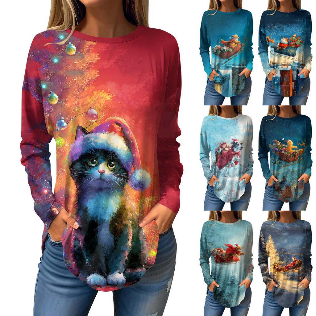 Tee Shirts For Women Casual Round Neck Long Sleeve Shirts Christmas Printing Top Pullover