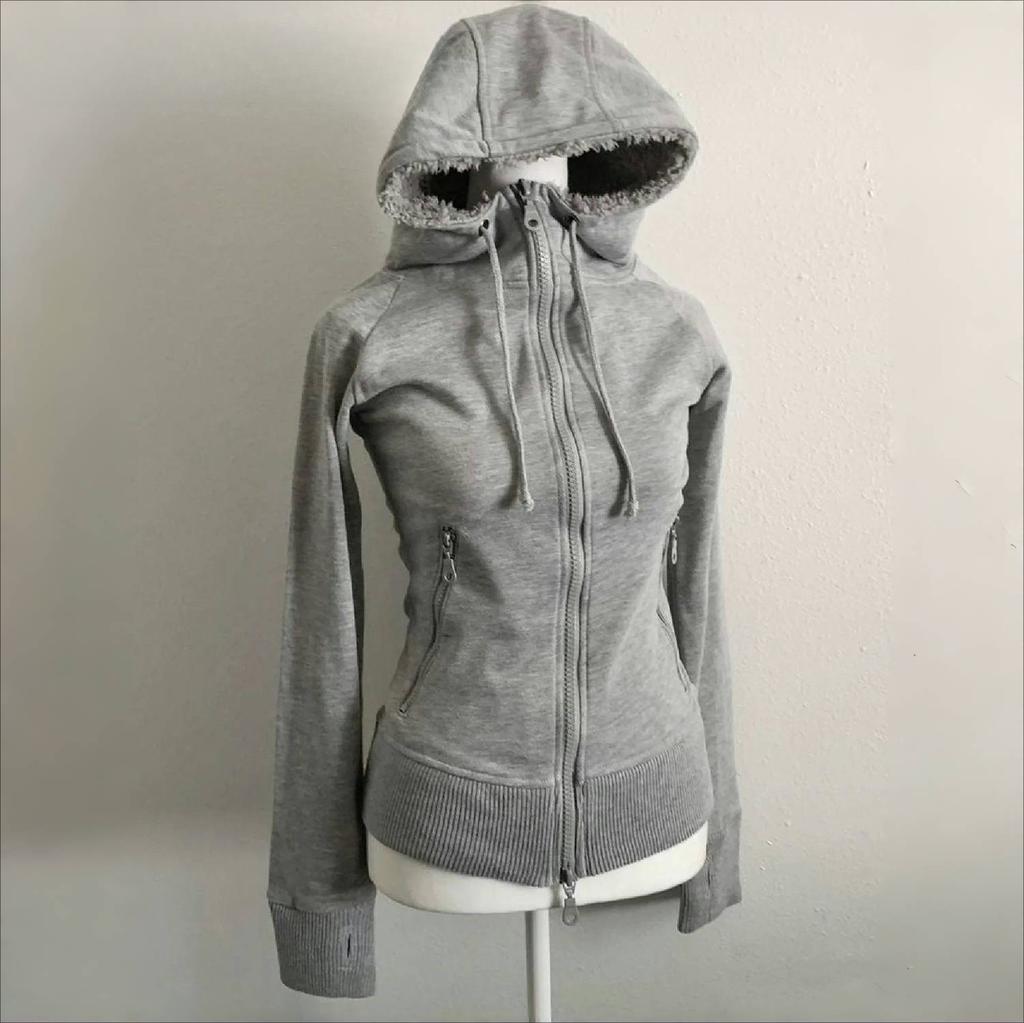 2KWEIRD Black Lamb Wool Double Zipper Hoodies Women's Clothes Slim Waist Hooded Vintage Y2k Coats Ropa Mujer Casual Fashion Sweatshirts