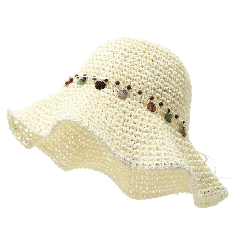Elegant Hand Crocheted Paper Straw Sun Hat Women Breathable Wide Border Beach Hat Summer Outdoor Travel Accessory