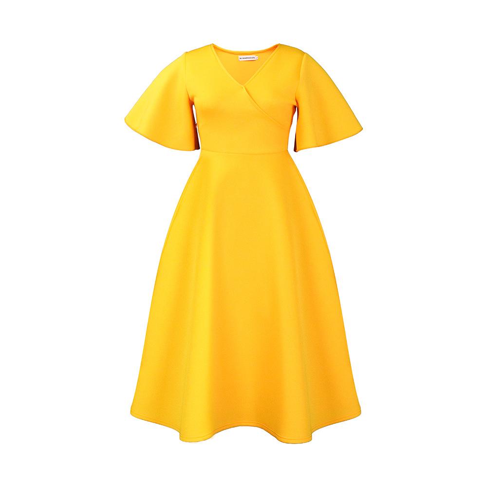 

Летнее женское платье больших размеров с расклешенными рукавами и v-образным вырезом, модное темпераментное платье с большой юбкой и подолом S жёлтый