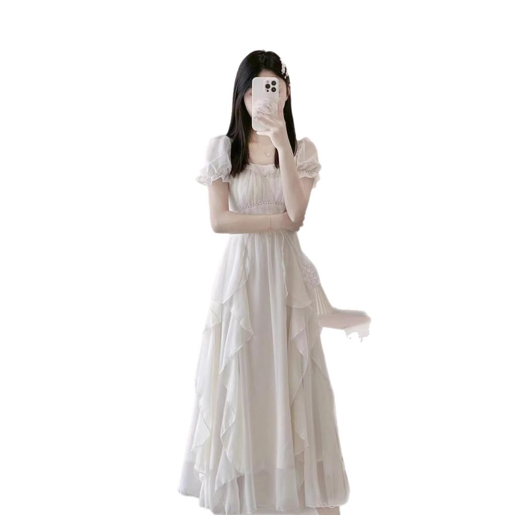 French square collar sweet and gentle fairy style dress women's summer new women's clothing waist thin medium and long skirt