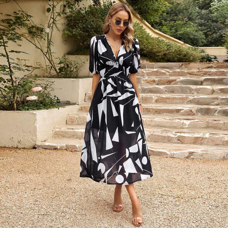 European and American Dress 2025 Summer Temperament Waist Hugging Deep V-neck Print Long dress Printed Long Skirt