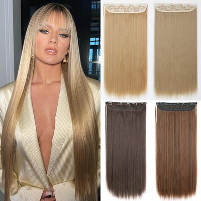Extensiones de cabello sintético de 32 pulgadas, postizo largo y liso con 5 clips, rubio natural resistente al calor para mujeres