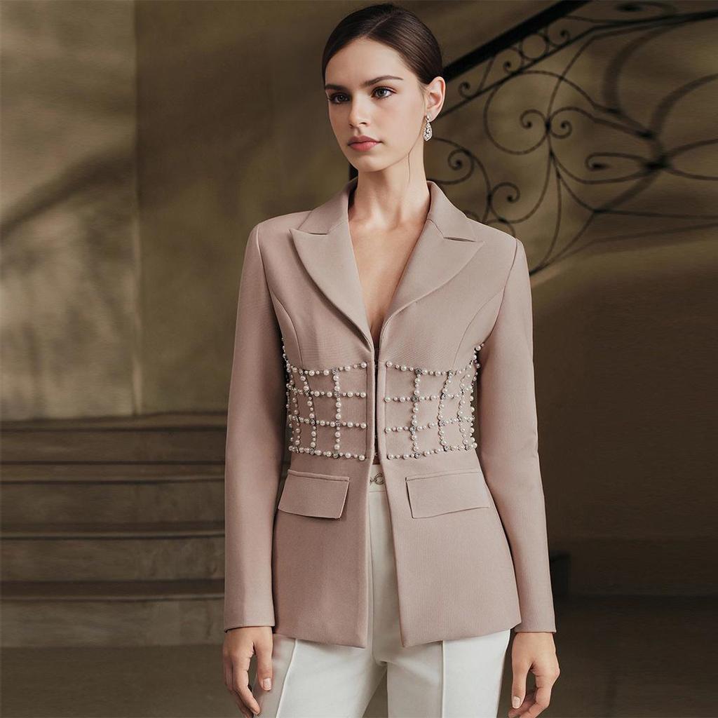 Elegant European & American Rhinestone Beaded Waist-Cinching Women's Suit Coat