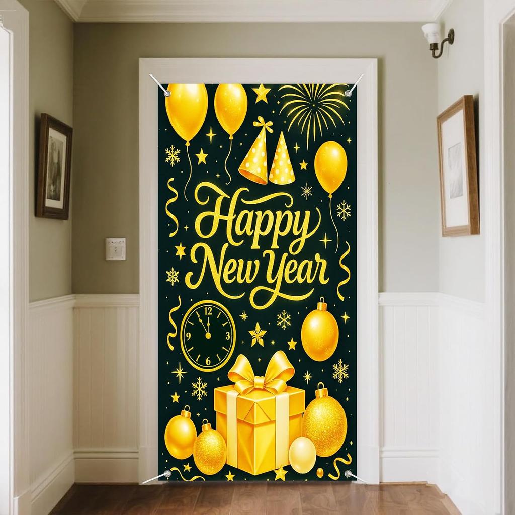 IVN 71x35 Inch Happy New Year 2026 Banner Door Cover New Years Eve Party Backdrop Black Gold Balloons Gift Box Polyester Fabric Front Door Porch