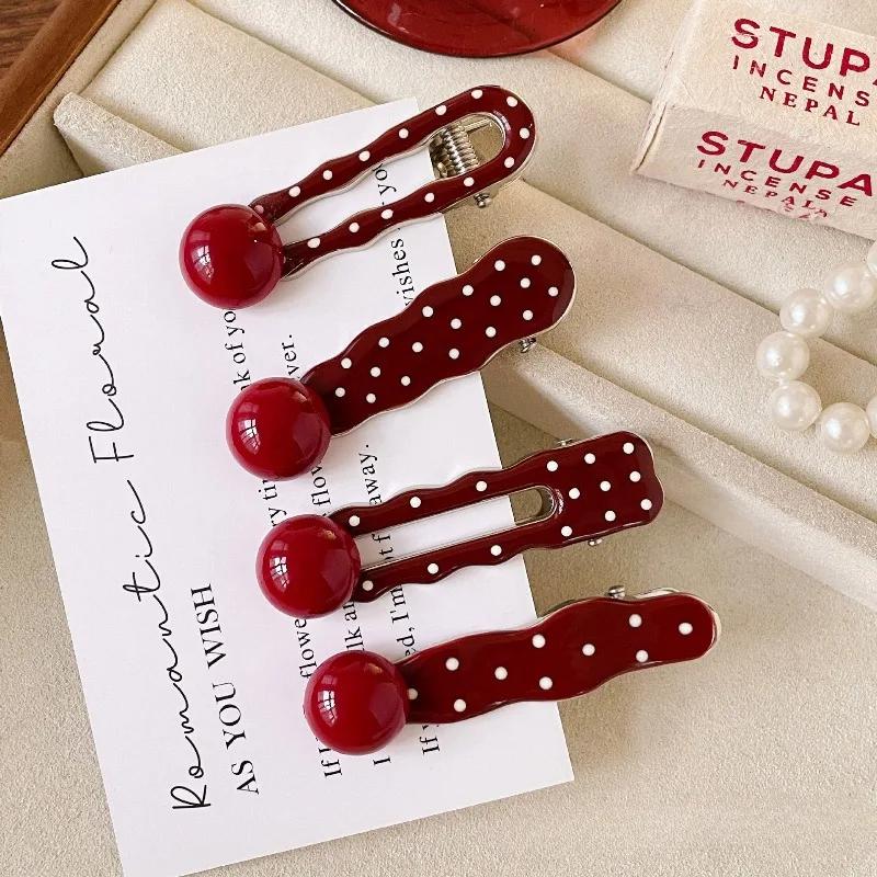 4pc Fashion Vintage Sweet and Cute Red Polka Dot Hair Clip with Side Hairband for Women Girls Hair Accessories Birthday Gift 6cm