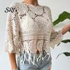 Top de ganchillo boho Cubre tops Ajuste holgado Cuello redondo Manga de tres cuartos Relajado Camisa de verano Tejido calado Playa Bohemio Dobladillo con borlas Ligero
