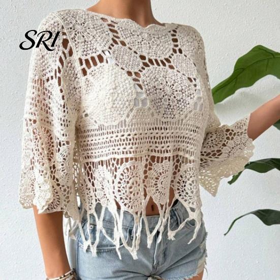 Top de ganchillo boho Cubre tops Ajuste holgado Cuello redondo Manga de tres cuartos Relajado Camisa de verano Tejido calado Playa Bohemio Dobladillo con borlas Ligero