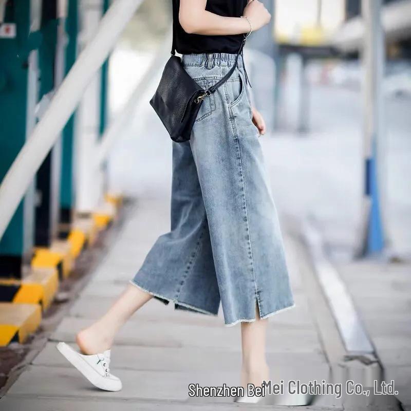 

High-Waisted Drapey Cropped Wide-Leg Jeans for Women - Summer 2025, Thin Style, Raw Hem, Loose Fit, Plus Size. 25 inch waist