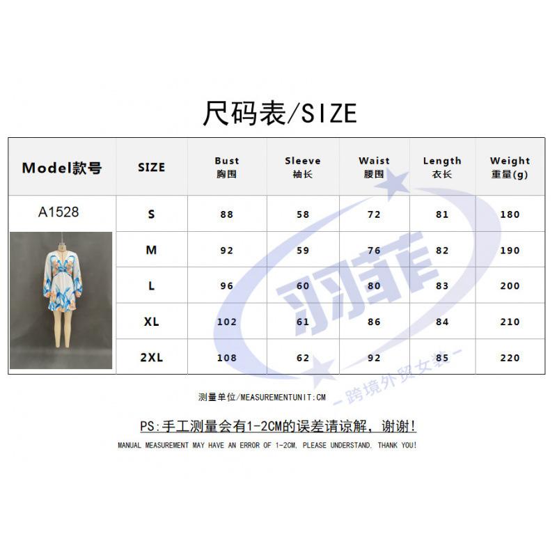 New European and American Style Women's Clothing Fashion Printing V-neck Bubble Sleeve Waist Long Sleeve Short Dress Dress