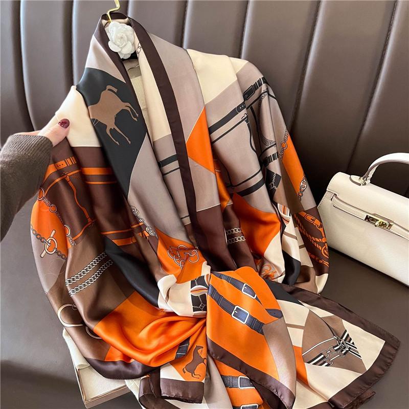 Vintage Green Lotus Print Silk Scarf Women Elegant Shawl Classic Outdoor Windproof Satin Head Wrap Travel Beach Towel 180*90Cm
