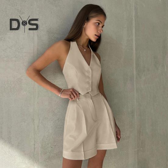 2 Pcs/Set Women Vest Shorts Suit Sleeveless Single-breasted Off Shoulder Halter Neck Button Solid Color Waistcoat High Waist Straight Knee Length