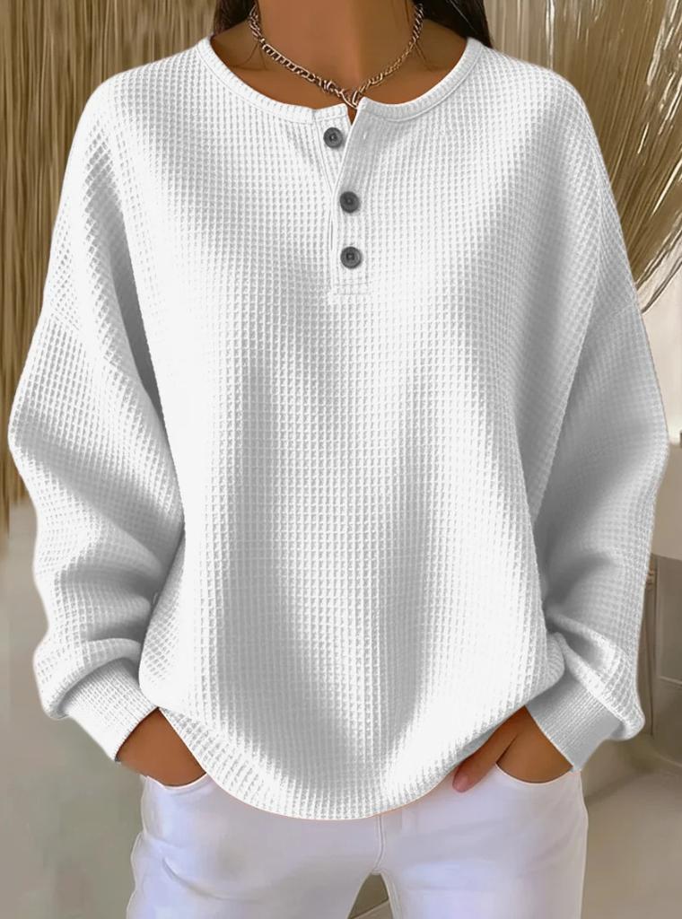 Women's Crew Neck Long Sleeve Waffle Knit Pullover Top Oversized Streetwear Solid Color Casual Blouse