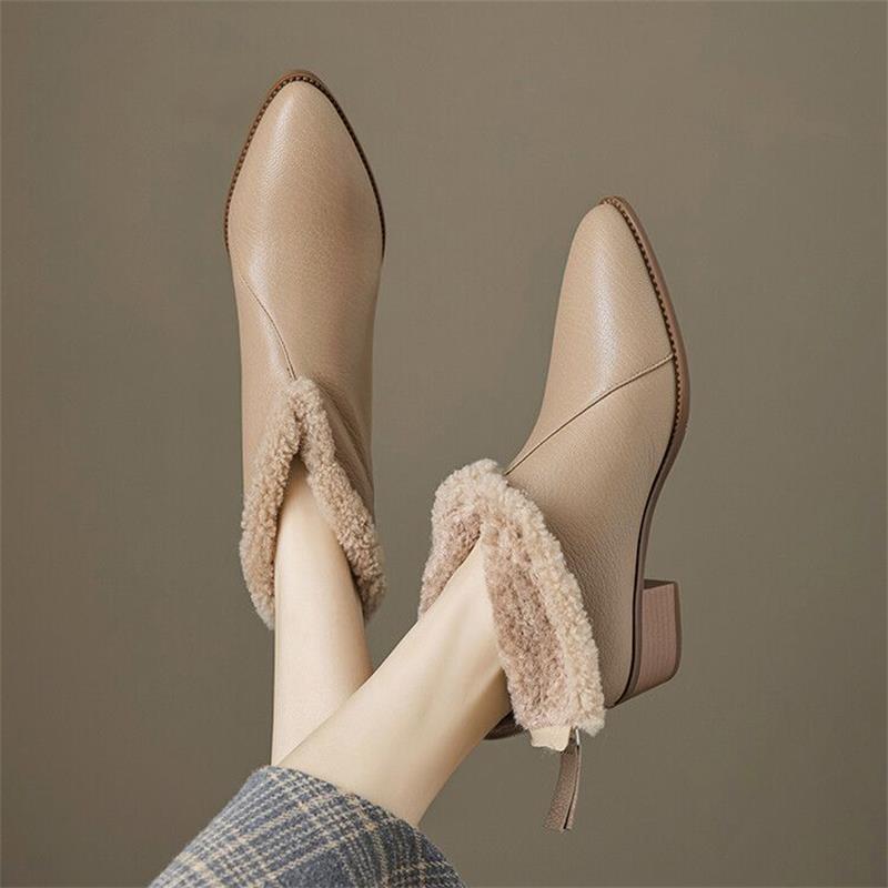 Soft leather pointed thick heel rear zipper Chelsea short boots women's 2025 winter new velvet thermal short tube and ankle boots