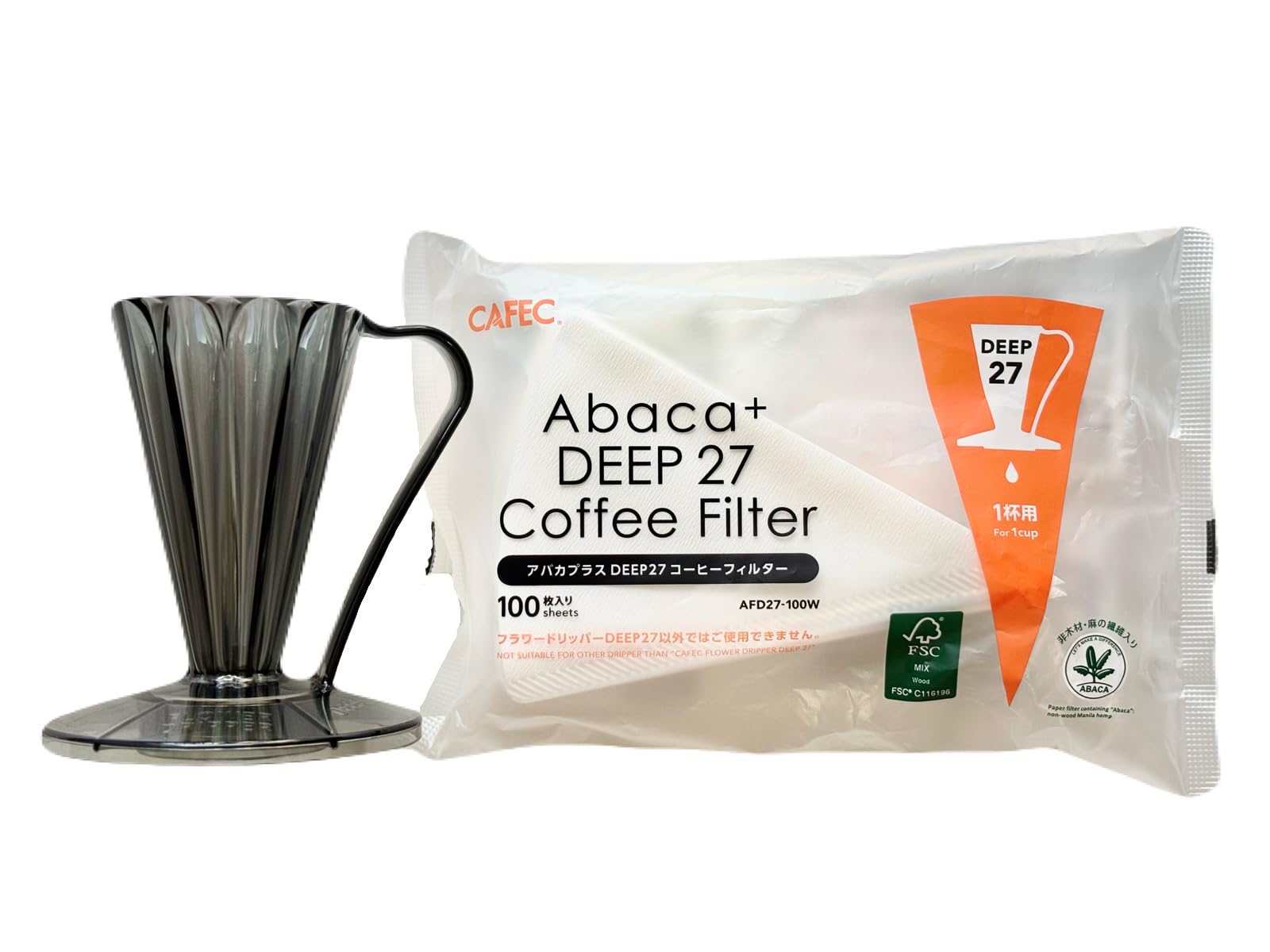 

[Set] CAFEC Flower Dripper DEEP27 FDD-27CB Clear Black (1 Cup) & Abaca Plus DEEP27 Coffee Filters AFD27-100W (100 Filters for DEEP27) (Clear Black)