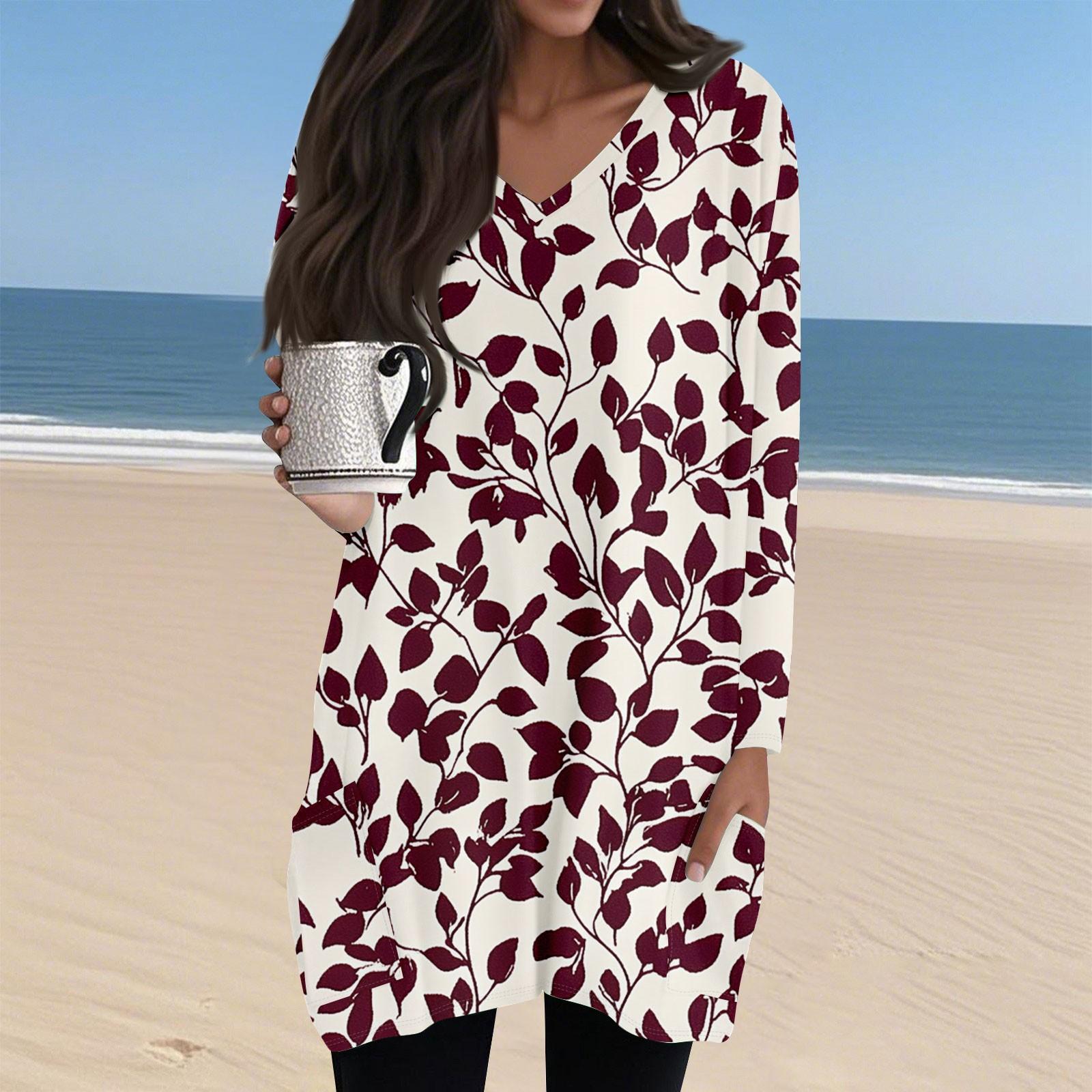 

Ladies Casual And Fashionable V-neck Floral Print Mid Length Pocket Long Sleeved Top M винний
