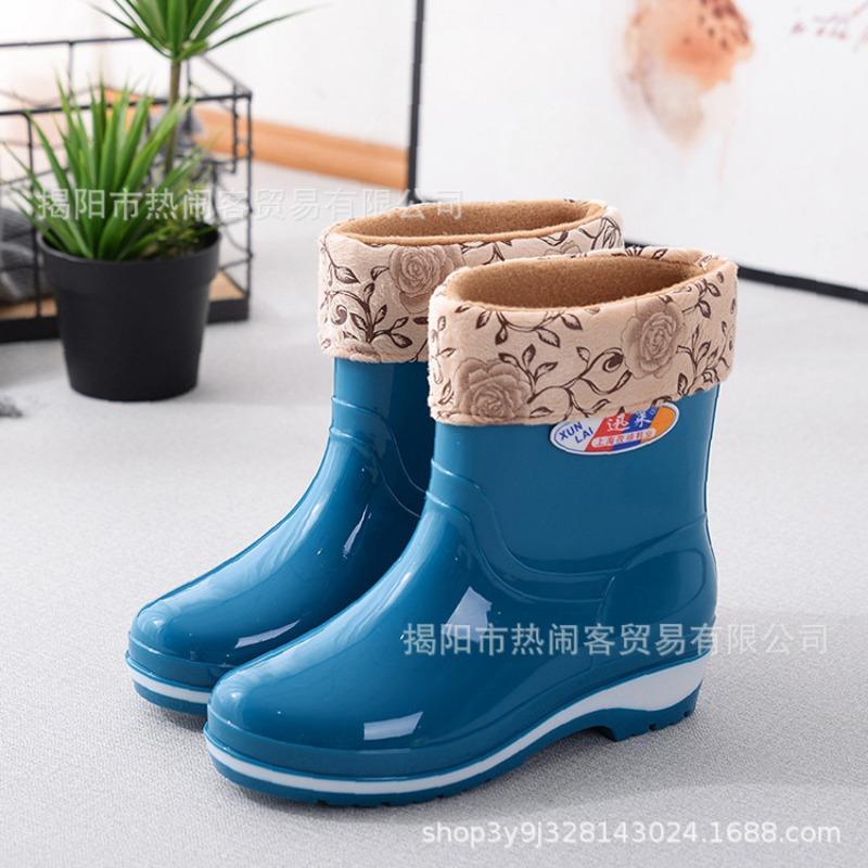 Fashion Medium Tube Rain Shoes Women's Canteen Water Shoes Non-slip Black Women's Rubber Shoes Adult Cotton Thermal Shoes