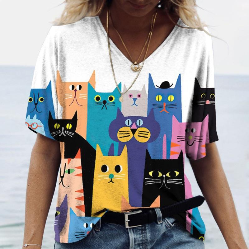 T-shirt d'été à manches courtes et col en V pour femme, imprimé chat 3D, décontracté et tendance