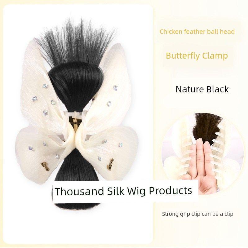 

Bun Wig Women s Tulle Bows Low Tie Grip Updo Hair Bag Korean Style Atmosphere Feeling Back Head Fake Hair Accessories Butterfly clip/feather ball head [Nature Black]]