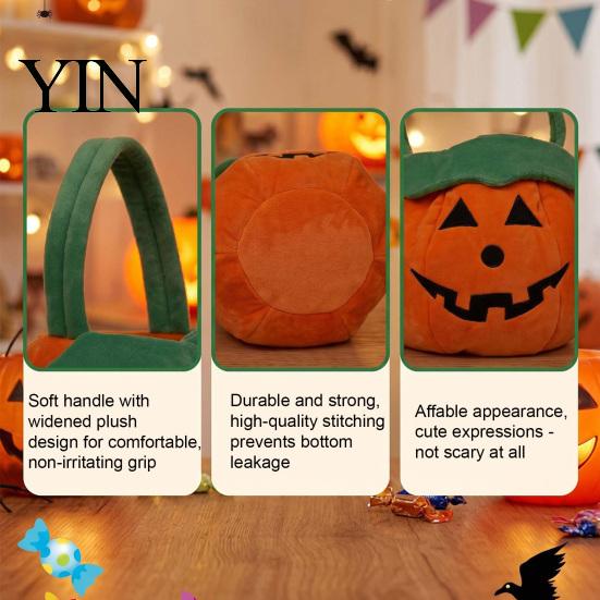 Goodie Bag Halloween Pumpkin Plush Tote Bucket, Cute Trick-or-Treat Bag, Soft Fabric Pouch Candy Basket with Handle for Kids Girls Boys Party Favors