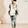 Women Plus Size Blue Printed Front Zip Long Sleeve Longline Top Fitted Pants Two Piece Set