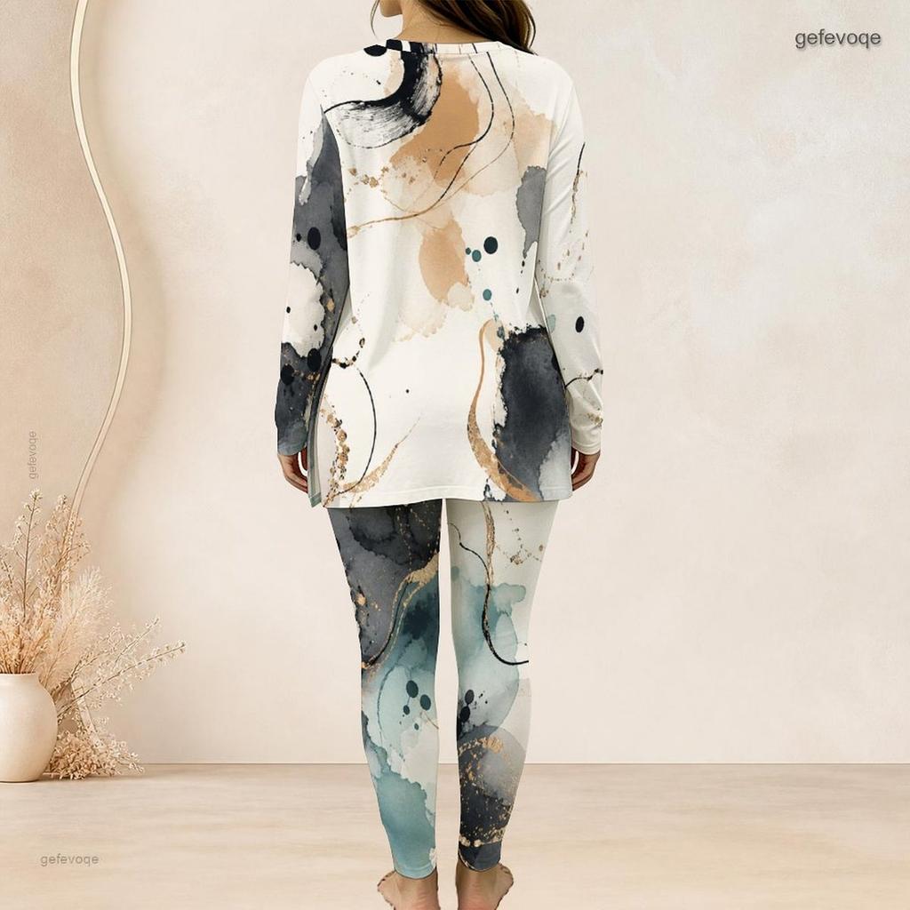 Women Plus Size Blue Printed Front Zip Long Sleeve Longline Top Fitted Pants Two Piece Set