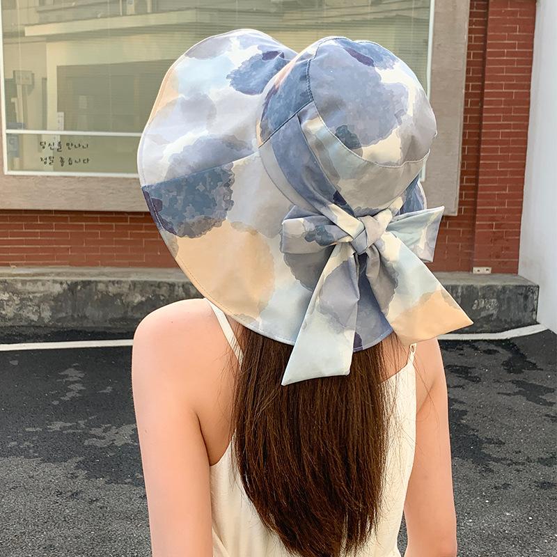 

Пляжная морская шляпа-панама с бантом лето 2025 мода большие поля солнцезащитная шляпа национальный стиль брызги чернил 55-59cm