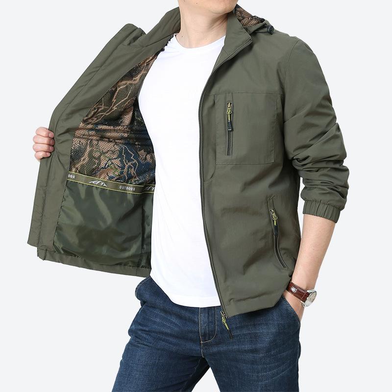 Frühlings- und Herbst Herren Mittel- und Jung Outdoor Freizeitjacke Mehrfach-Taschen Kapuzenjacke Armeegrün Jacke Große Größe Jacke