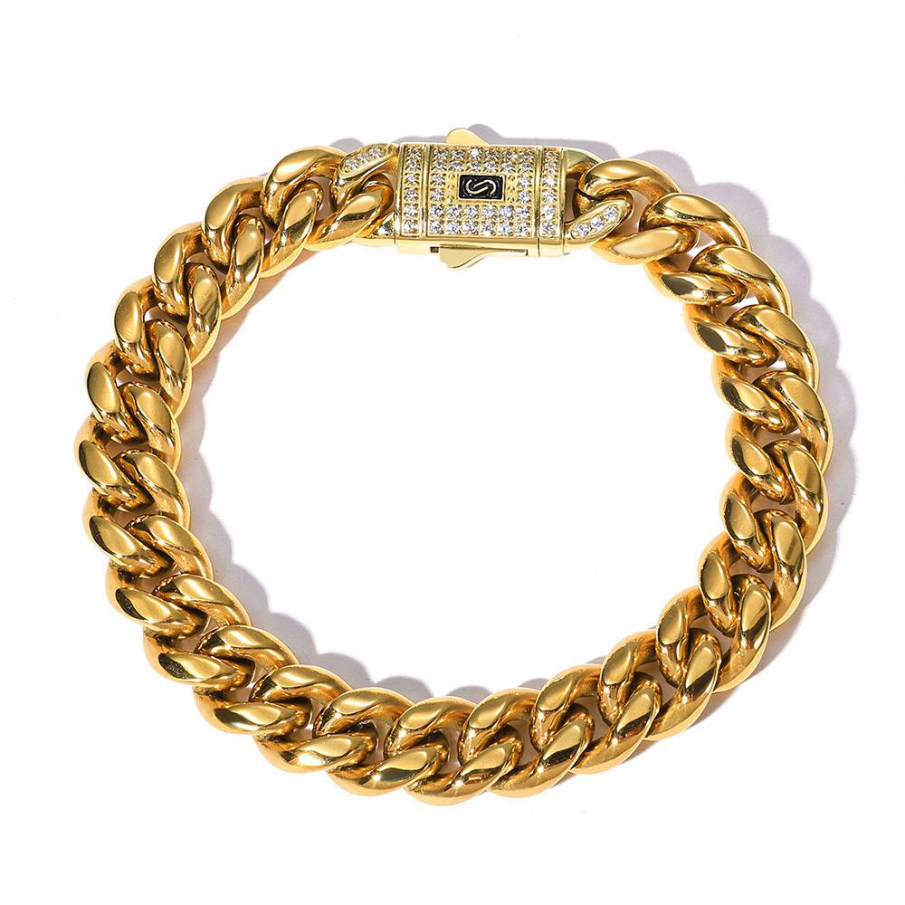Stainless Steel Bracelet Miami Cuban Plated 14K Gold CNC Men's Jewelry High Polished 14MM Chain Luxury Gift