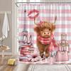 Cute Cow Extra Long Shower Curtain,Funny Highland Cow Eiffel Towel Pink White Geometric Striped Bathroom Home Curtain Decor