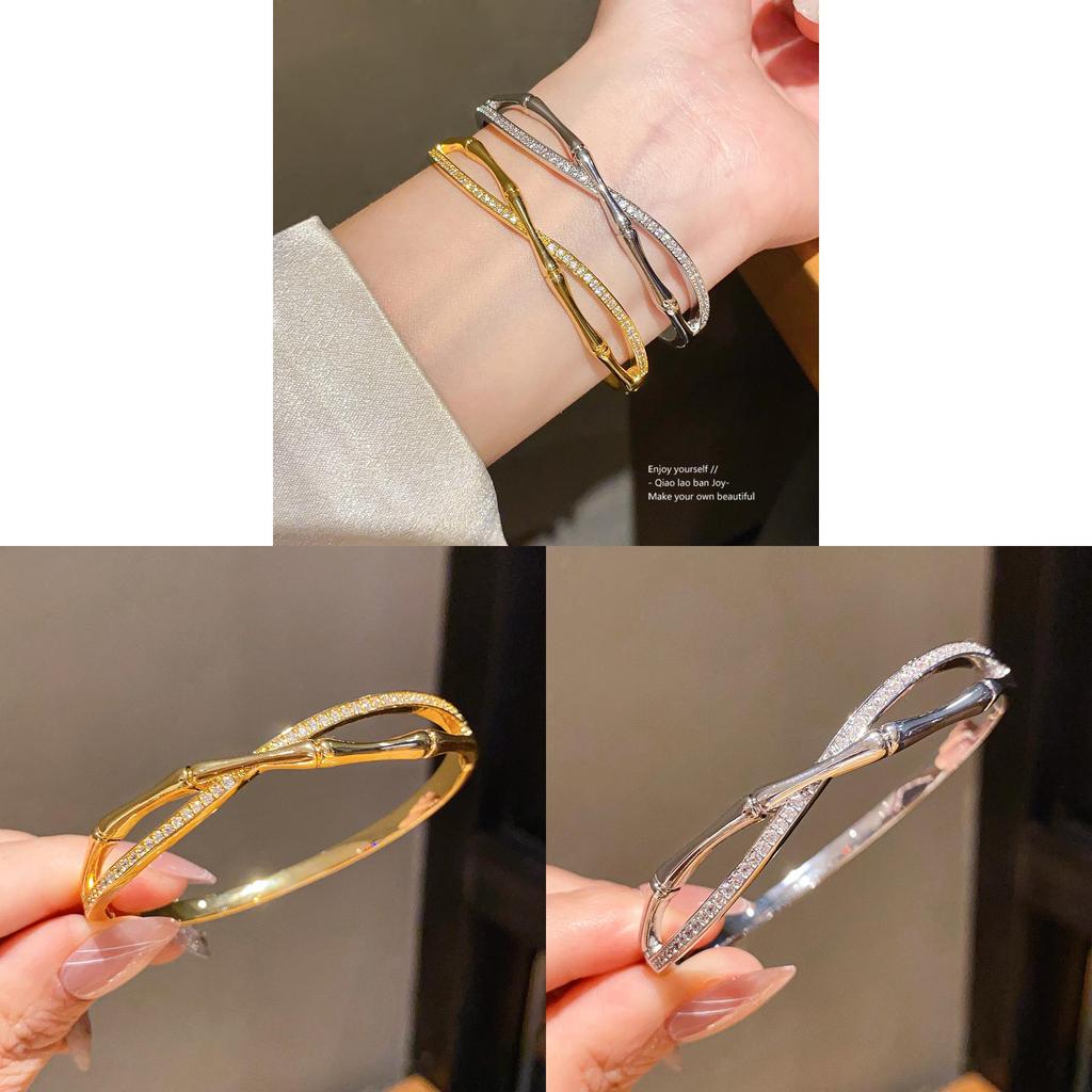 Elegant Silver Copper Zircon Embellished Bamboo Element Bracelet For Ladies