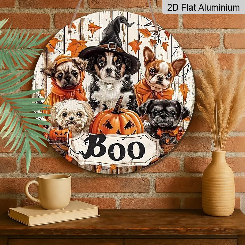 2D Flat, 1pc Boo Halloween Aluminum Ornaments Sign, Dog Maple Leaf Jack-o'-Lantern Boo Pattern Design, Round Hanging Plaque for Yard, Room, Home