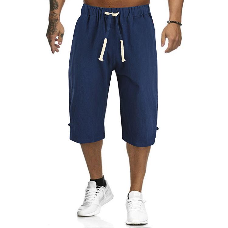Herrenhose aus Baumwolle und Leinen, lässig, kurze Hose, Strandhose aus Leinen mit elastischer Taille